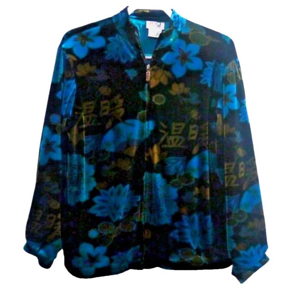 RED WEAR blue & gold floral Asian style velour full zip jacket Women's size S